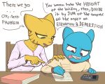  anthro bethesda_softworks blue_body blue_fur book calculator cartoon_network conditional_dnp dialogue domestic_cat duo felid feline felis female fur gumball_watterson hi_res katia_managan khajiit male mammal math pencil_(object) prequel studying the_amazing_world_of_gumball the_elder_scrolls vaktus video_games webcomic yellow_body yellow_fur 