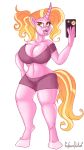  anthro anthrofied big_breasts breasts equid equine eyelashes friendship_is_magic hasbro hi_res holding_object hooves horn lips luster_dawn_(mlp) mammal my_little_pony nails navel phone pink_body professordoctorc simple_background unicorn white_background wide_hips yellow_eyes 