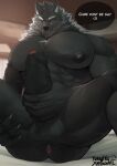  anthro anus balls black_balls black_body black_penis blaidd_(elden_ring) butt canid canine canis elden_ring english_text erection fromsoftware fur genitals hi_res looking_at_viewer male mammal masturbation muscular muscular_male naughtyxerigart nipples pecs penis presenting presenting_anus presenting_hindquarters scar solo spread_legs spreading text video_games wolf 