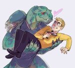  &lt;3 ambiguous_gender duo gorn_(species) holding_another holding_object holding_weapon human james_t._kirk kessavel male mammal phaser size_difference star_trek star_trek_movies starfleet_uniform weapon 