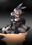  10mo 1girl ahoge animal_ears arm_support blue_eyes bracelet breasts chain cleavage clothing_cutout clover collar dress elphelt_valentine expressionless fake_animal_ears flower four-leaf_clover grey_hair guilty_gear guilty_gear_xrd hair_between_eyes highres huge_ahoge jewelry large_breasts rabbit_ears red_flower red_rose rose shaded_face short_hair sitting solo spiked_bracelet spiked_collar spikes tiara wedding_dress 