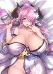  1girl basket blue_eyes blush breasts butterfly_hair_ornament c.r. draph flower granblue_fantasy groin hair_flower hair_ornament hair_over_one_eye highres horns huge_breasts japanese_clothes kimono long_hair lying narmaya_(granblue_fantasy) on_back on_bed open_clothes open_kimono open_mouth partially_visible_vulva pink_hair pointy_ears ponytail smile solo yukata 