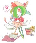  ._. 1girl ? akadako apron bangs black_eyes bright_pupils bucket cleaning clothed_pokemon colored_skin commentary_request dated_commentary ditto flat_chest floral_print flying_sweatdrops full_body gloves green_hair green_skin hair_over_one_eye hands_up head_scarf holding holding_mop kirlia looking_at_another looking_down medium_hair mimikyu mop multicolored_skin one-hour_drawing_challenge one_eye_covered open_mouth partial_commentary pink_apron pink_headwear pokemon pokemon_(creature) red_eyes red_gloves sidelocks simple_background solo_focus speech_bubble spoken_question_mark standing two-tone_skin waist_apron white_background white_pupils white_skin 