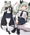  1girl anchovy_(girls_und_panzer) bangs black_cape black_necktie black_ribbon blush breasts cape full_body girls_und_panzer green_hair long_hair long_sleeves looking_at_viewer medium_breasts multiple_views necktie open_mouth red_eyes ribbon shiseki_hirame skirt smile squatting twintails 