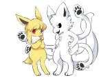  3_fingers 3_toes aishasoup anthro black_eyes black_nose canid canine canis changed_(video_game) cheek_tuft domestic_dog duo eeveelution eye_scar facial_scar facial_tuft featureless_crotch feet fingers fur goo_(disambiguation) hi_res intimidation jolteon male mammal nintendo open_mouth pawpads paws pok&eacute;mon pok&eacute;mon_(species) scar simple_background squid_dog_(changed) toes tuft video_games white_background white_body white_fur worried worried_look yellow_body yellow_fur 