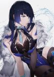  1girl arm_support blue_eyes blue_hair breast_squeeze breasts brooch cleavage dark_blue_hair dice dress genshin_impact halterneck highres jewelry large_breasts long_hair looking_away lying on_side qiandaiyiyu solo thighs yelan_(genshin_impact) 