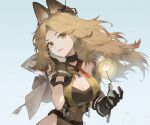  1girl :d absurdres animal_ear_fluff animal_ears arknights bare_shoulders black_gloves blue_background breasts brown_eyes brown_hair cat_ears cleavage commentary covered_navel forehead gloves gu_tao highres large_breasts long_hair looking_at_viewer open_mouth quercus_(arknights) simple_background smile solo upper_body 