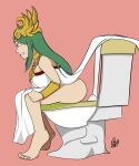  1girl adictreader barefoot clenched_hand green_eyes green_hair highres kid_icarus nintendo non-web_source palutena panties panty_pull pink_nails straining toilet toilet_use underwear 