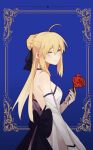  1girl absurdres ahoge artoria_pendragon_(fate) black_bow blue_eyes blush bow braid dress elbow_gloves fate_(series) flower french_braid from_side gloves hair_between_eyes highres light_smile looking_at_viewer meow_(cindy738) rose saber saber_lily sidelocks solo strapless strapless_dress white_dress white_gloves 