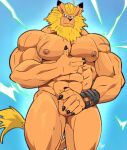  5_fingers abs anthro areola balls bandai_namco belt biceps black_claws blonde_hair blonde_mane claws covering covering_crotch digimon digimon_(species) ear_piercing ear_ring finger_claws fingers genitals hair hi_res leomon looking_at_viewer male mane mane_hair muscular muscular_anthro muscular_male nipples nude pecs penis penis_base piercing pubes solo tail_tuft thymilph tuft veiny_muscles 