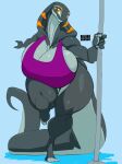  2022 anmtns anthro big_breasts breasts clothed clothing cobra curvy_figure digital_media_(artwork) fangs female hi_res huge_breasts huge_thighs hyper hyper_breasts looking_at_viewer orange_eyes reptile scalie shara_(anmtns) snake solo thick_thighs voluptuous wide_hips 