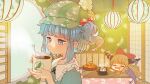  2girls bangs blue_eyes blue_hair blunt_bangs blush bow cup drinking electric_fan hair_bobbles hair_bow hair_ornament hat highres holding horns htk_mikan ibuki_suika indoors kawashiro_nitori multiple_girls touhou two_side_up 