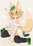  2022 5_fingers ? absurd_res anthro baggy_clothing beverage_can blonde_hair bodily_fluids canid canine chest_tuft clothed clothing collared_shirt dipstick_tail drooling female fingers flat_chested fox fur green_eyes hair hi_res jewelry kemono kneeling leaf leaf_on_head legwear looking_at_viewer mammal markings multicolored_tail necklace off_shoulder open_mouth ring_(jewelry) saliva shirt short_hair soda_uyu solo tail_markings thigh_highs topwear tuft unbuttoned unbuttoned_shirt white_body white_fur yellow_body yellow_fur 