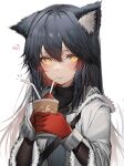  1girl absurdres animal_ear_fluff animal_ears arknights bangs black_hair black_shirt blush commentary_request cup drinking gloves hair_between_eyes heart highres holding holding_cup jacket long_hair long_sleeves looking_at_viewer open_clothes open_jacket red_gloves revision shirt solo tab_head texas_(arknights) texas_(winter_messenger)_(arknights) white_jacket wolf_ears yellow_eyes 