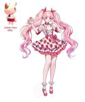  1girl bangs curly_hair dress finger_to_face food_print frills hands_up highres mandaring0 multicolored_hair open_mouth original pink_hair purple_eyes reference_inset shoes simple_background socks solo standing strawberry_print twintails white_background 