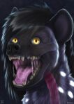  2019 black_body black_ears black_fur black_hair black_nose bodily_fluids bone dated fangs female feral fur glistening glistening_hair glistening_teeth glowing glowing_eyes grey_body grey_fur grey_inner_ear hair hi_res mouth_shot neck_tuft open_mouth pink_tongue saliva saliva_on_tongue saliva_string signature simple_background skull skyelegs solo spots spotted_body spotted_fur teeth tongue translucent translucent_body tuft white_body white_fur white_spots yellow_eyes 