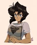  1990s_(style) 1girl absurdres antenna_hair apron black_hair blue_eyes bob_cut breasts clothes_writing dark-skinned_female dark_skin david_liu english_commentary gunsmith_cats highres medium_breasts rally_vincent retro_artstyle shirt short_hair smile solo t-shirt upper_body 