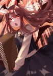  1girl :o blush book book_stack bookshelf brooch brown_hair cowboy_shot eyebrows_behind_hair eyes_visible_through_hair floating_hair hair_between_eyes head_wings highres izumi_no_yasushi_aya jewelry koakuma library light_rays long_hair long_sleeves looking_at_viewer open_mouth red_eyes shirt skirt solo touhou very_long_hair white_shirt wings 