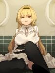  1girl bathroom black_legwear black_panties blonde_hair bra_visible_through_clothes breasts brooch commission dress fang hairband highres idolmaster idolmaster_cinderella_girls jewelry kurosaki_chitose large_breasts long_hair on_floor panties pantyshot red_eyes sitting skeb_commission solo takato_kurosuke thighhighs underwear urinal white_dress 