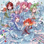  5girls \m/ album_cover blonde_hair blue_bow blue_dress blue_eyes blue_jacket blue_shirt bow brown_eyes colored_tips cover dress food freyja_wion green_hair hair_behind_ear hair_bun holding holding_food holding_microphone jacket kaname_buccaneer long_hair macross macross_delta macross_frontier makina_nakajima microphone mita_chisato multicolored_hair multiple_girls official_art oosanshouuo-san open_hand orange_hair parted_lips pink_hair pointy_ears purple_hair ranka_lee red_hair reina_prowler shirt short_hair short_sidetail taiyaki textless twintails very_long_hair wagashi walkure_(macross_delta) 