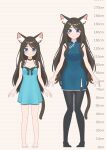  1girl age_progression aina_(mao_lian) animal_ear_fluff animal_ears arms_at_sides bare_shoulders barefoot black_choker black_legwear blue_dress blue_eyes blush brown_hair cat_ears cat_tail china_dress chinese_clothes choker closed_mouth dress height_chart highres long_hair looking_at_viewer mao_lian_(nekokao) multiple_views original pigeon-toed side_slit smile tail thighhighs 