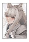  1girl animal_ear_fluff animal_ears arknights bangs blush brown_eyes commentary_request eyebrows_visible_through_hair high_collar horse_ears jacket long_hair parted_lips platinum_(arknights) roki_(shouka65) silver_hair solo upper_body white_jacket 