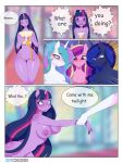  absurd_res anthro anthrofied breasts comic english_text equid equine friendship_is_magic genitals hi_res holaxes horn mammal my_little_pony nude princess_cadance_(mlp) princess_celestia_(mlp) princess_luna_(mlp) pussy sibling sister sisters text twilight_sparkle_(mlp) unicorn 