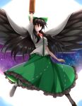  1girl arm_cannon arm_up asymmetrical_footwear bangs bird_wings black_footwear black_hair black_legwear black_wings bow breasts cape center_frills closed_mouth collared_shirt commentary_request control_rod frilled_skirt frills full_body green_bow green_skirt hair_between_eyes hair_bow highres long_hair long_skirt looking_at_viewer medium_breasts meso_(zgmf-xv) mismatched_footwear puffy_short_sleeves puffy_sleeves red_eyes reiuji_utsuho shirt shoes short_sleeves single_shoe skirt smile solo starry_sky_print third_eye touhou weapon white_background white_cape white_shirt wings 