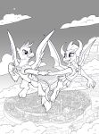  armor avian city dragon feathered_wings feathers flying friendship_is_magic gallus_(mlp) gryphon hand_holding hi_res horn membrane_(anatomy) membranous_wings monochrome my_little_pony mythological_avian mythology smolder_(mlp) tsitra360 wings 