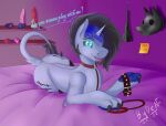 bed blue_eyes bydena chastity_device dildo equid equine fan_character feral furniture girly hasbro hi_res horn horse male mammal my_little_pony oc:anthonystone plug pony sex_toy solo unicorn 