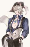  1boy animal_ears arknights bishounen blue_shirt cowboy_shot grey_hair hand_in_pocket hat hat_feather highres jewelry leopard_boy leopard_ears leopard_tail male_focus necklace open_clothes pectoral_cleavage pectorals pienahenggou shirt silverash_(arknights) solo suspenders tail vest 