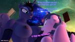  3d_(artwork) anthro anthrofied big_breasts blue_body blue_feathers breasts dialogue digital_media_(artwork) english_text equid equine feathers female female/female friendship_is_magic gynomorph_(lore) hi_res horn mammal my_little_pony neterixx nipples princess_luna_(mlp) text twilight_sparkle_(mlp) winged_unicorn wings 