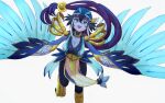  1girl :d armor beads blue_eyes blue_feathers blue_skin breasts cleavage colored_skin duel_monster feathers floating_hair foot_out_of_frame hair_beads hair_ornament harpy hat ishii_(young-moon) large_breasts long_hair lyrilusc_-_ensemblue_robin monster_girl open_mouth shoulder_armor simple_background smile solo very_long_hair white_background winged_arms yu-gi-oh! 