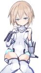  1girl absurdres annoyed bare_shoulders bimmy blanc_(neptune_series) blue_eyes blush brown_hair cosplay elbow_gloves feet gloves hair_between_eyes highres leotard looking_at_viewer neptune_(series) short_hair simple_background sitting solo white_background white_heart white_heart_(cosplay) 