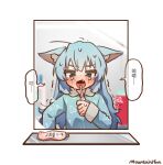  1girl ah_zhong_(mountain_han) animal_ears black_eyes blue_hair blue_pajamas blue_shirt border brushing_teeth chinese_text ears_down electric_toothbrush fox_ears holding long_hair looking_at_viewer mirror mountain_han open_mouth original pajamas reflection shirt signature solo sweat sweating_profusely toothpaste translation_request trembling white_border 