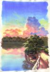  border bridge cloud cumulonimbus_cloud highres no_humans original outdoors painting_(medium) river sawitou_mizuki scan scenery sunset traditional_media tree white_border 