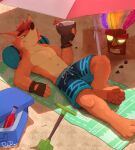  absurd_res activision aku_aku anthro bandicoot beach beach_towel beverage clothing content_smile cooler crash_bandicoot crash_bandicoot_(series) hi_res holding_beverage holding_object lying male mammal marsupial on_back pache_riggs pawpads seaside shirtless_male solo swimming_trunks swimwear tagme towel umbrella video_games 