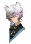  1boy angry animal_ears arknights bishounen black_shirt cropped_torso grey_hair highres indai_(3330425) jewelry leopard_boy leopard_ears looking_at_viewer male_focus necklace raised_eyebrows shirt silverash_(arknights) simple_background solo upper_body white_background 
