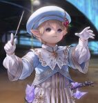  1other ambiguous_gender baton_(conducting) blonde_hair blue_eyes blurry blurry_background character_request closed_mouth conductor final_fantasy final_fantasy_xiv gloves hands_up hat highres holding holding_stick lalafell light_particles mandaring0 pointy_ears stick white_gloves 