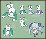  1girl 1other animal animal_ears animal_focus bare_arms blue_scarf blush_stickers bunny character_sheet chibi commentary dress fingerless_gloves full_body gloves green_scarf hair_ribbon hatsune_miku holding holding_animal light_blue_hair long_hair looking_at_viewer multiple_views necktie nekosumi official_art outstretched_arms pantyhose pom_pom_(clothes) purple_gloves purple_ribbon purple_scarf rabbit_ears rabbit_tail rabbit_yukine ribbon scarf sleeveless sleeveless_dress smile solid_oval_eyes standing tail translated twintails very_long_hair vocaloid walking white_dress yellow_necktie yuki_miku yuki_miku_(2014) 