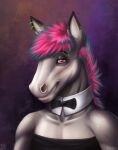  2019 anthro black_clothing black_eyebrows black_topwear blue_hair blue_mane bow_tie bust_portrait clothing dated ear_piercing ear_ring equid equine eyebrows front_view fur glistening glistening_eyes grey_body grey_fur grin hair half-closed_eyes hi_res horse looking_at_viewer male mammal mane multicolored_hair multicolored_mane narrowed_eyes piercing pink_eyes pink_hair pink_mane portrait ring_piercing signature simple_background skyelegs smile solo topwear two_tone_hair two_tone_mane 