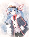  1girl bangs bare_tree black_coat black_gloves black_necktie blue_eyes blue_hair buttons coat collared_shirt cowboy_shot dawon eyebrows_visible_through_hair fur-trimmed_coat fur_trim gloves hand_in_pocket hat hatsune_miku index_finger_raised long_hair looking_at_viewer necktie red_shirt shirt smile snow snowflakes snowing solo swept_bangs thick_eyebrows tree twintails vocaloid white_headwear winter_clothes winter_coat yuki_miku_(2022) 