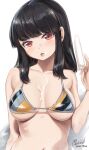  1girl beatmania beatmania_iidx bikini black_hair breasts dated food highres hinazuki_ririna holding holding_food large_breasts long_hair looking_at_viewer maremay0513 navel popsicle red_eyes solo swimsuit tongue tongue_out 