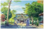  blue_sky border day fox_statue highres no_humans original outdoors painting_(medium) sawitou_mizuki scenery sky temple traditional_media tree white_border 