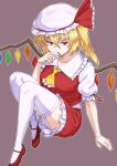  1girl ascot blonde_hair flandre_scarlet garter_straps hat highres kakone looking_at_viewer mary_janes mob_cap nail_polish puffy_short_sleeves puffy_sleeves red_eyes red_footwear red_nails red_ribbon ribbon shoes short_sleeves side_ponytail skirt skirt_set solo thighhighs touhou vest white_legwear wings 