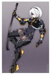  1girl alternate_costume armor armored_boots black_blindfold black_dress blindfold blueprint bodystocking bodysuit boots commentary commission dress english_commentary fishnet_bodysuit fishnets full_body highres industrial lindaroze mechanical_arms mechanical_boots mechanical_gloves military military_uniform mole mole_under_mouth nier_(series) nier_automata outline sketch sword tube uniform weapon yorha_no._2_type_b zoom_layer 