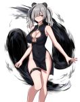  1girl animal_ears arknights bare_arms bare_shoulders black_dress black_hair breasts china_dress chinese_clothes cleavage cleavage_cutout clothing_cutout covered_navel dress erenav eyes_visible_through_hair feater_(arknights) forehead gold_trim grey_hair hair_over_one_eye highres knees_together_feet_apart large_breasts multicolored_eyes multicolored_hair red_eyes short_twintails simple_background sleeveless solo standing symbol-only_commentary thick_eyebrows thigh_strap twintails two-tone_hair white_background 