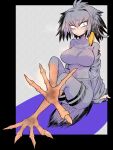  1girl bangs bird_legs bird_tail black_hair blush bodystocking breasts eyebrows_visible_through_hair feet grey_hair grey_shirt grey_shorts hair_between_eyes harpy head_wings highres kemono_friends large_breasts looking_at_viewer monster_girl monsterification multicolored_hair nuka_cola06 pantyhose shirt shoebill_(kemono_friends) shorts solo tail talons 