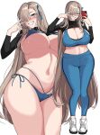  1girl asuna_(blue_archive) bikini black_sweater blonde_hair blue_archive blue_bikini blue_eyes blue_pants blue_sports_bra blush breasts cellphone cleavage clothes_lift covered_nipples grin hair_over_one_eye hella_p highres holding holding_phone large_breasts long_hair long_sleeves looking_at_viewer micro_bikini mole mole_on_breast multiple_views navel pants phone projected_inset selfie side-tie_bikini smile sports_bra sportswear string_bikini sweater sweater_lift sweatpants swimsuit underboob v white_background white_footwear 