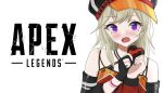  1girl akue apex_legends bangs black_headwear blonde_hair bow box detached_sleeves eyebrows_visible_through_hair gloves head_tilt heart-shaped_box highres komori_met logo looking_at_viewer partially_fingerless_gloves purple_eyes red_bow single_glove smile solo v_ap_art virtual_youtuber white_background 